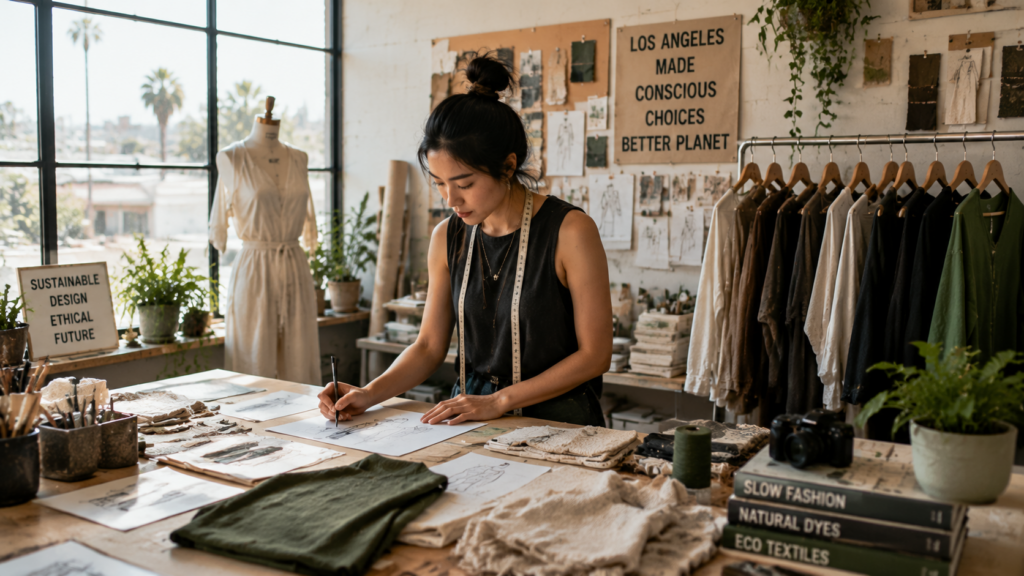 Designer creating sustainable clothing in Los Angeles studio