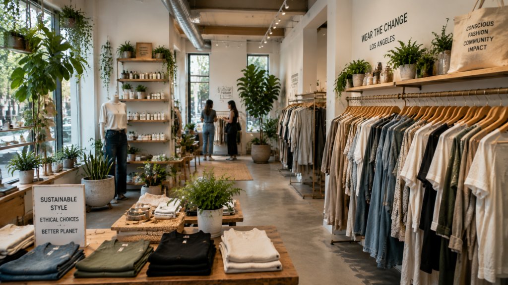 Eco-friendly clothing boutique in LA displaying sustainable designer collections