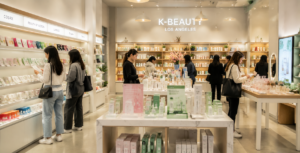 Korean beauty store interior in Los Angeles with skincare displays