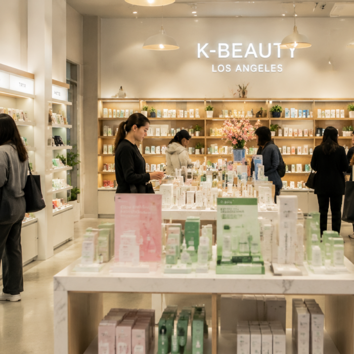 Korean beauty store interior in Los Angeles with skincare displays