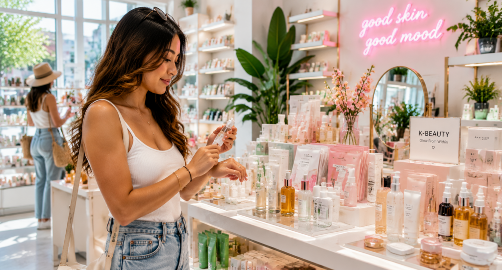 Woman testing Korean skincare products inside a stylish LA beauty shop