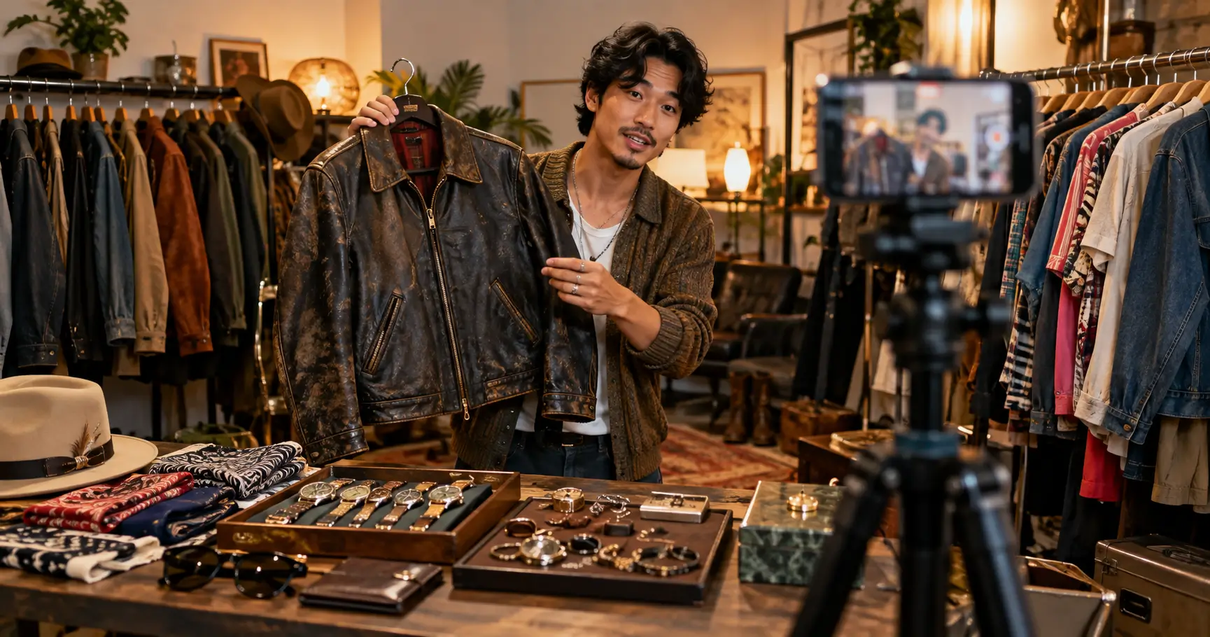 Los Angeles vintage seller presenting clothing during livest